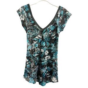Rare Vintage Y2K Free People V Neck T-shirt Teal Grey White Flowers Women's sz S